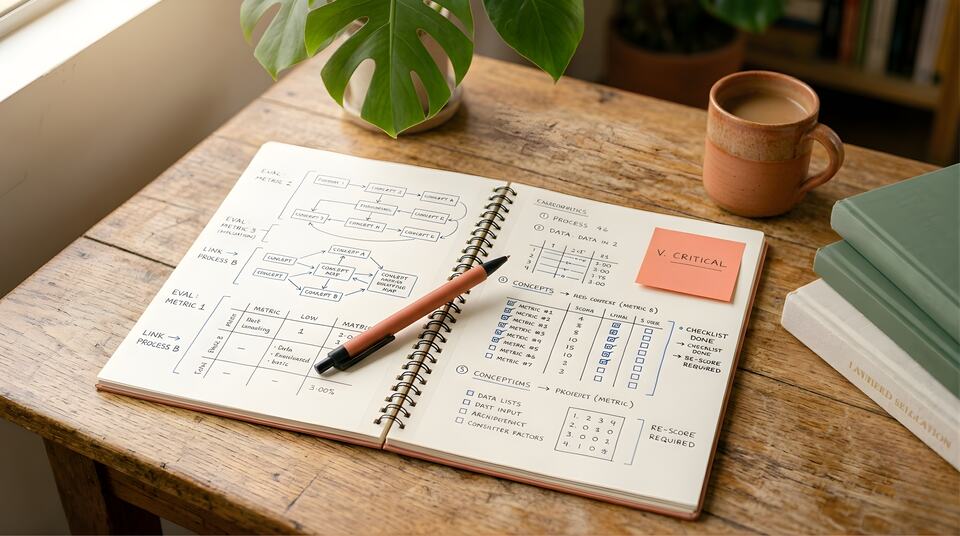 Cuaderno con mapas conceptuales y planificación · foto editorial · luz natural